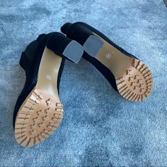 Black Platform Heel Suede Chelsea Ankle Boot with Brown Rubber Sole - Picture 4 of 4